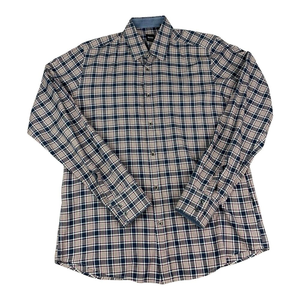 Hugo Boss Mens Purple Plaid Long Sleeve Button Down Shirt Regular Fit Medium